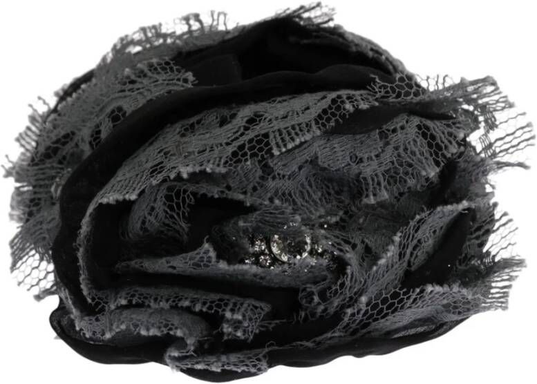 Dolce & Gabbana Elegante Zwarte Grijze Bloemen Kant Kristal Haarklauw Black Dames