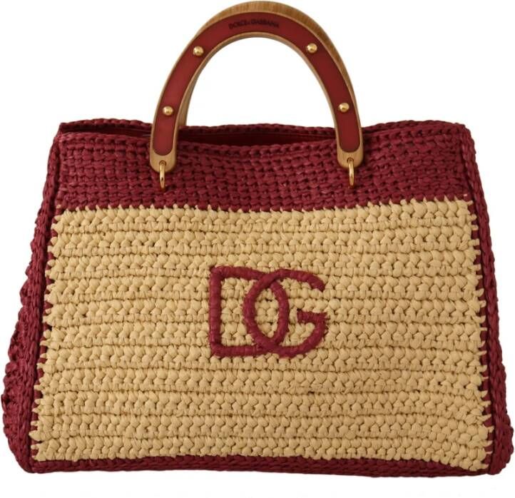 Dolce & Gabbana Beige Maroon Fiber Wicker DG Logo Handbag Borse Bag Beige Dames