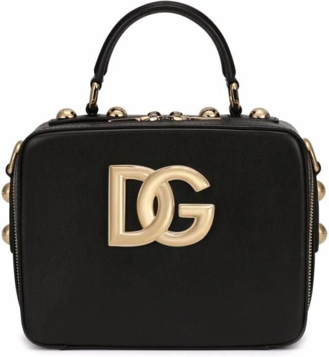 Dolce & Gabbana Zwarte Leren Schoudertas met Gouden Logo Plaque Black Dames