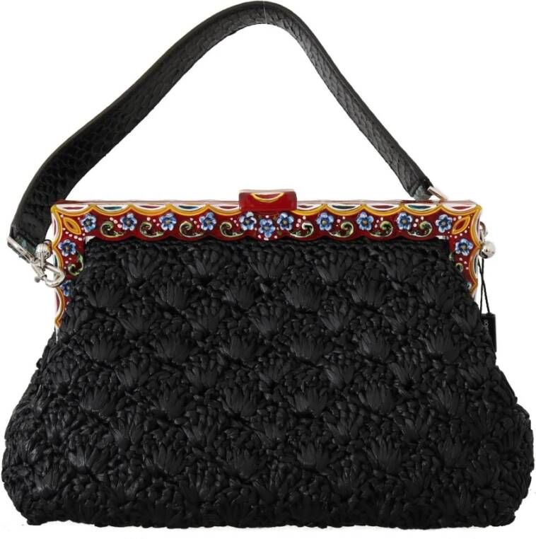Dolce & Gabbana Zwarte Raffia Leren Vanda Carretto Tas Black Dames