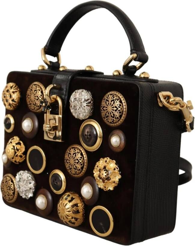 Dolce & Gabbana Brown Velvet Black Iguana Leather Buttons BOX Bag Bruin Dames