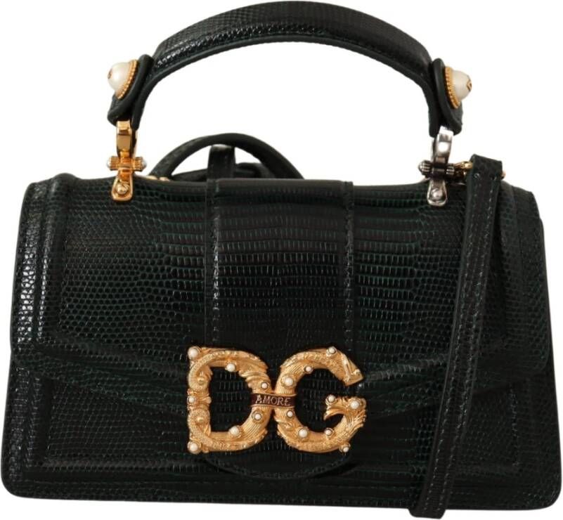 Dolce & Gabbana Green Leather Amore Hand Shoulder Strap Dress Groen Dames