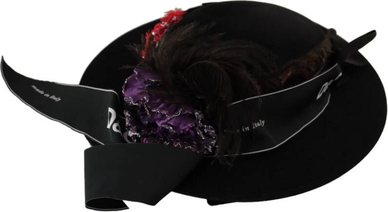 Dolce & Gabbana Crystal Heart Feather Brooch Fedora Hat Black Dames