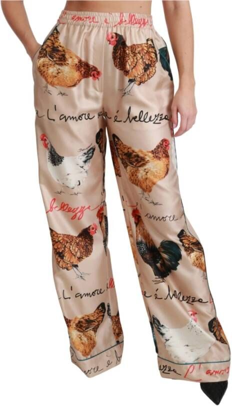 Dolce & Gabbana Hen Chicken Silk Pajama Trouser Pants Beige Dames
