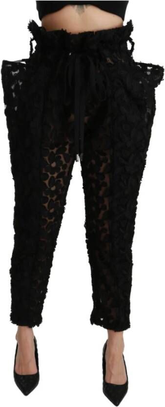 Dolce & Gabbana Black Floral Lace Tapered High Waist Pants Zwart Dames