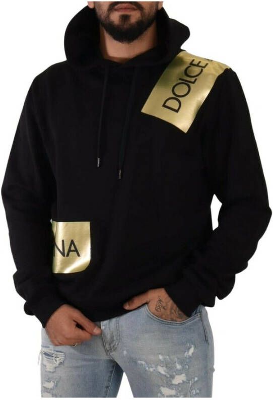 Dolce & Gabbana Zwarte Gouden-Logo Pullover Hoodie Black Heren