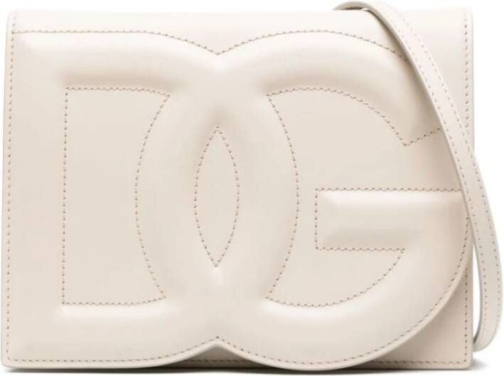 Dolce & Gabbana Ivoorleren Tas met Logo Inprenting en Verstelbare Schouderband Beige Dames
