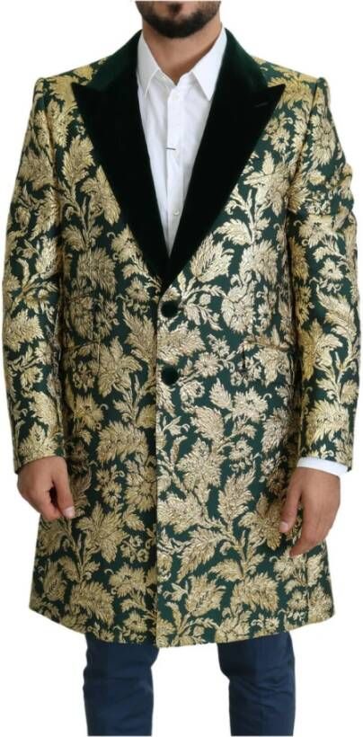 Dolce & Gabbana Jacket Sicilia Green Gold Jacquard Long Coat Groen Heren