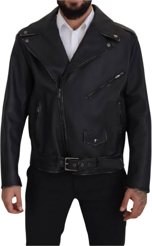 Dolce & Gabbana Black Leather Biker Coat Zipper Jacket Zwart Heren