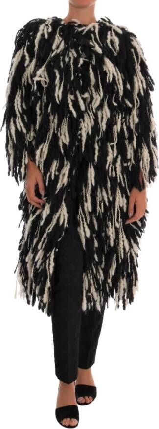 Dolce & Gabbana Black White Fringes Coat Wool Coat Zwart Dames