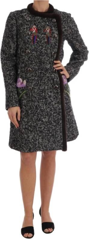 Dolce & Gabbana Black Crystal Fur Coat Jacket Zwart Dames