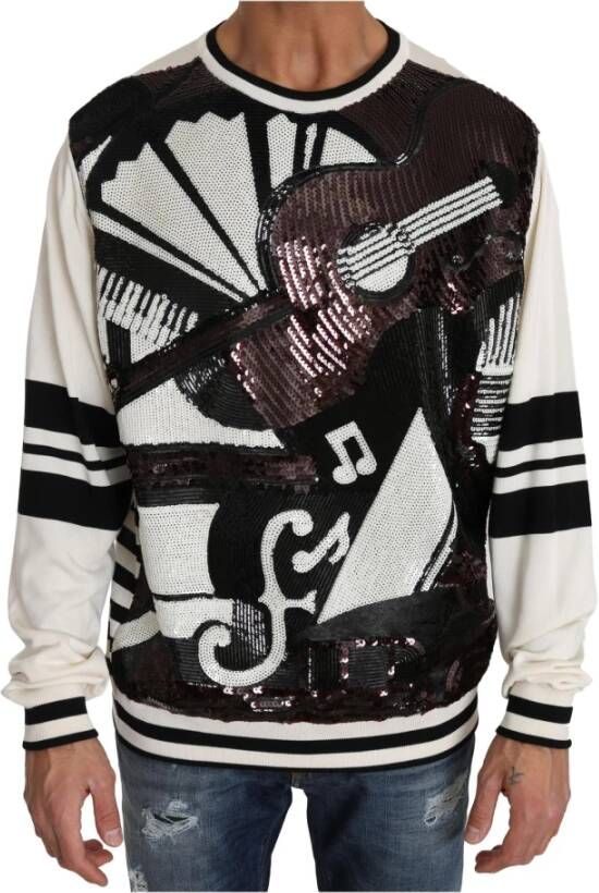 Dolce & Gabbana Jazz Sequined Guitar Pullover Top Sweater Wit Heren