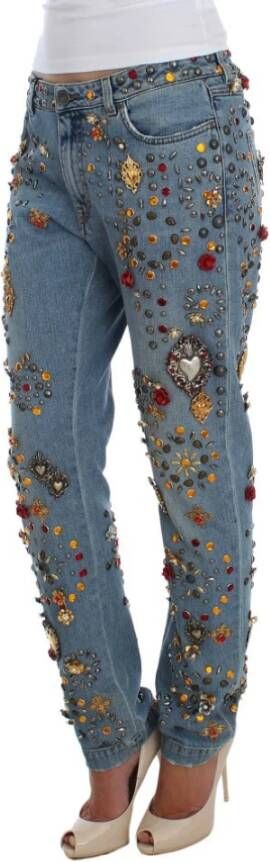 Dolce & Gabbana Blauwe Crystal Heart Roses Enchanted Sicily Jeans Blue Dames