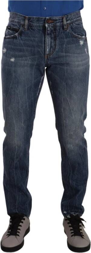 Dolce & Gabbana Blue Washed Cotton Regular Denim Trouser Jeans Blauw Heren