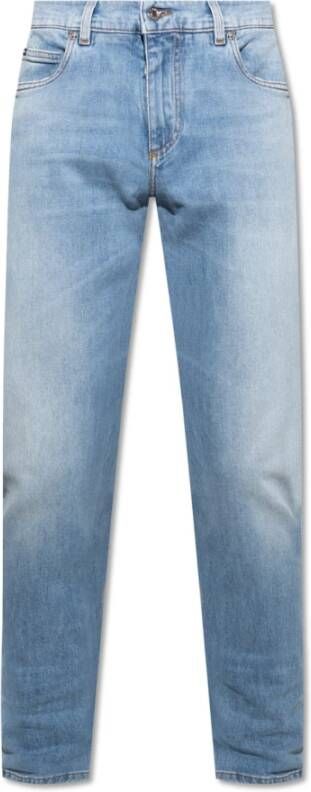 Dolce & Gabbana Blauwe Logo-Plaque Slim-Fit Jeans Blauw