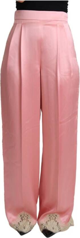 Dolce & Gabbana Wijde broek van zijde-mix met kanten afwerking Pink Dames