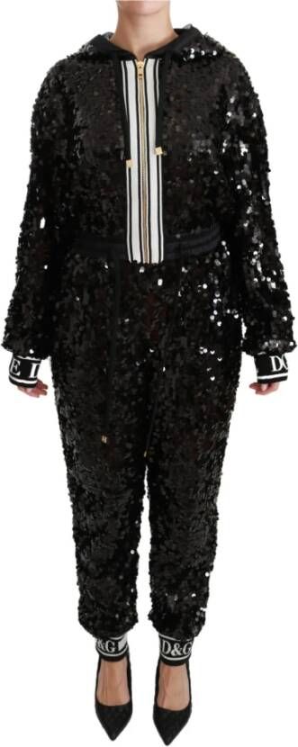Dolce & Gabbana Black Sequined Hooded Sweater Dress Jumpsuit Zwart Dames