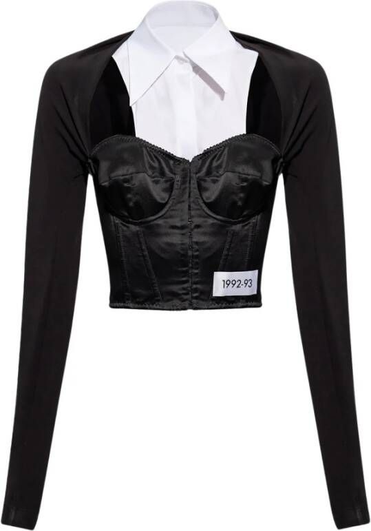 Dolce & Gabbana Gelaagde-Shirt Korset Top met Puntige Kraag Black Dames