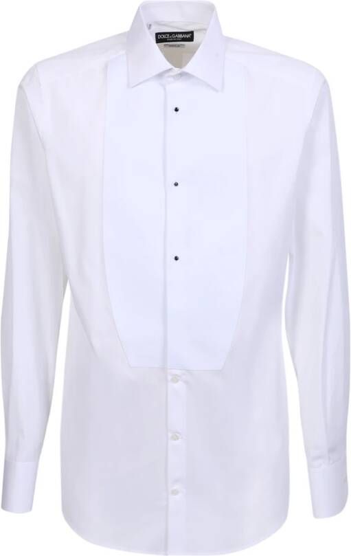 Dolce & Gabbana Witte katoenen overhemd met lange mouwen en zwarte parelknop White Heren
