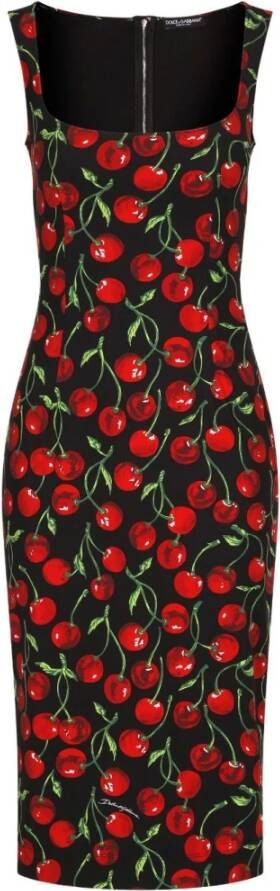 Dolce & Gabbana Knielange Jurk met Kersenprint Zwart Dames