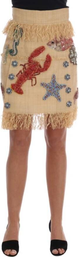 Dolce & Gabbana Crystal Beige Palm Fiber Skirt Beige Dames