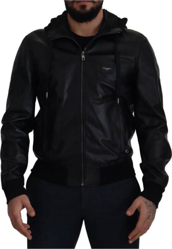 Dolce & Gabbana Black Leather Hooded Bomber Coat Jacket Zwart Heren
