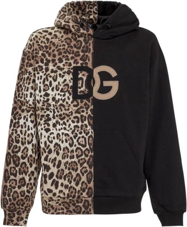 Dolce & Gabbana Leopard-print gesplitste DG-logo hoodie Zwart Heren