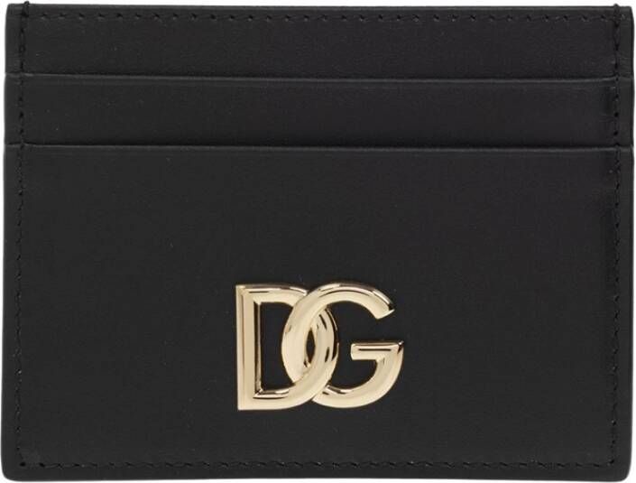 Dolce & Gabbana Stijlvolle Leren Kaarthouder met DG Metalen Plaat Black Dames