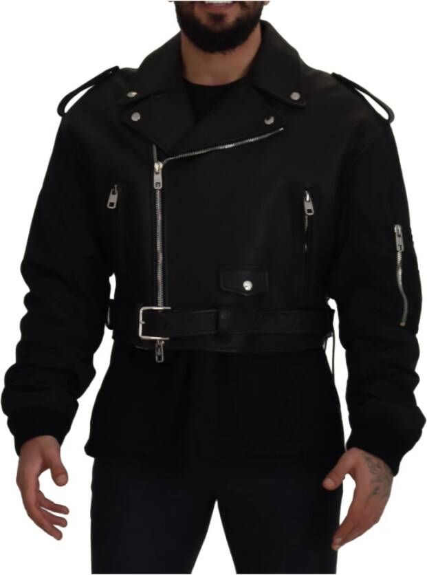 Dolce & Gabbana Black Polyester Biker Coat Zipper Jacket Zwart Heren