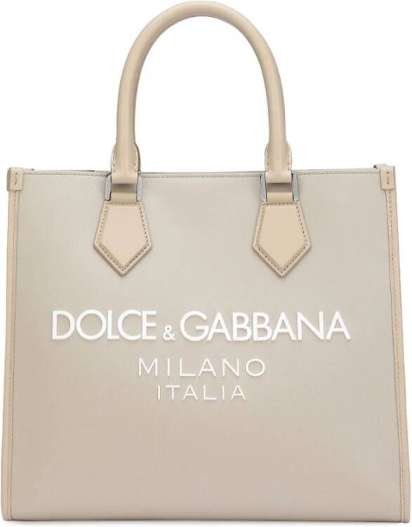 Dolce & Gabbana Logo-Print Tote Bag met Leren Afwerking Beige Heren