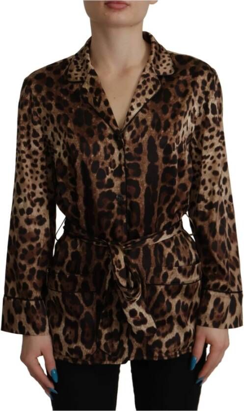 Dolce & Gabbana Zijden Blouse met Luipaardprint en Kraag Brown Dames