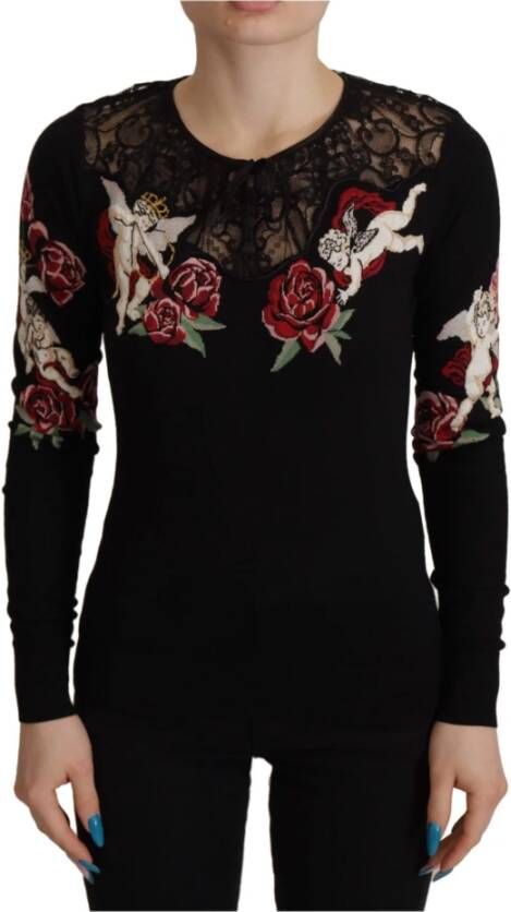 Dolce & Gabbana Black Silk Knit Roses Angel Pullover Sweater Zwart Dames