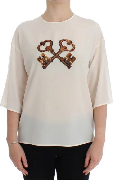 Dolce & Gabbana Witte Pailletten Sleutel Zijden Blouse T-shirt Top Wit Dames