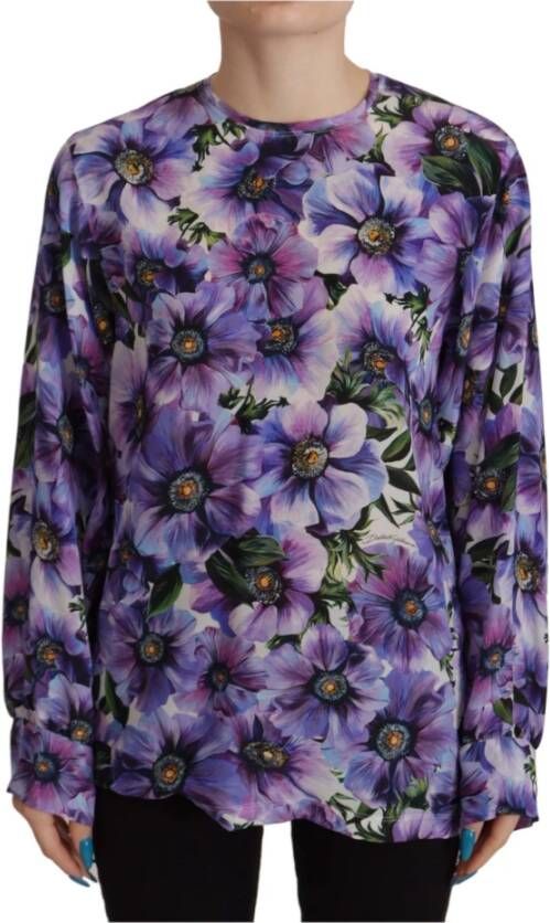 Dolce & Gabbana Paarse Bloemen Zijden Lange Mouw Top Blouse Purple Dames