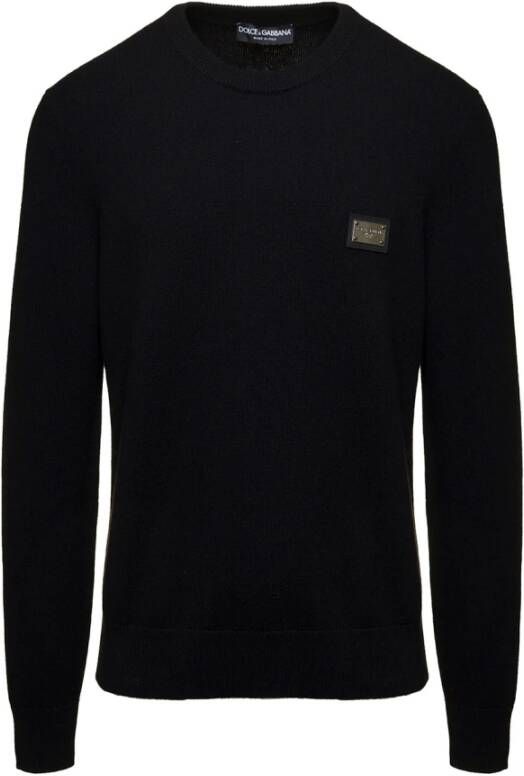 Dolce & Gabbana Zwarte wollen crew-neck sweater met logo plaat Black Heren