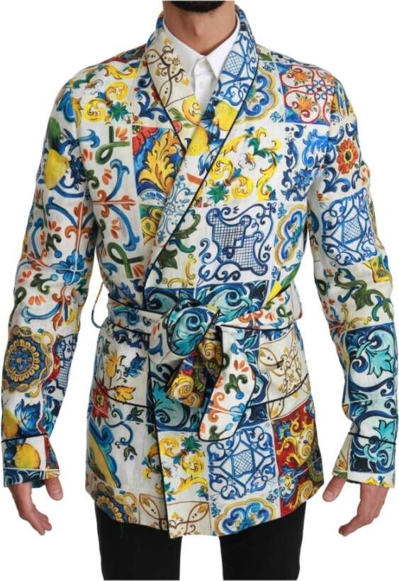 Dolce & Gabbana Majolica Brocade Linen Robe Coat Jacket Meerkleurig Heren