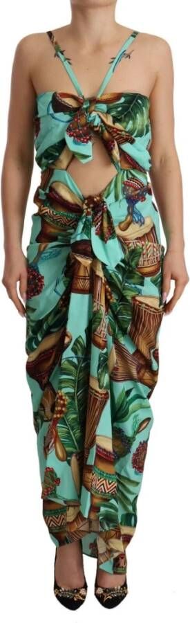 Dolce & Gabbana Multicolor Jungle Print Draped Maxi Silk Dress Meerkleurig Dames