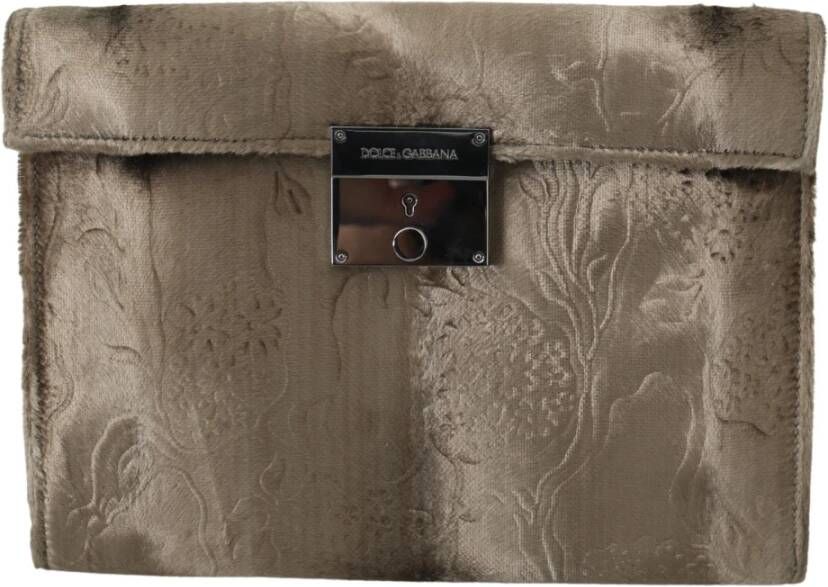 Dolce & Gabbana Beige Croco-Print Velvet Briefcase Clutch Beige