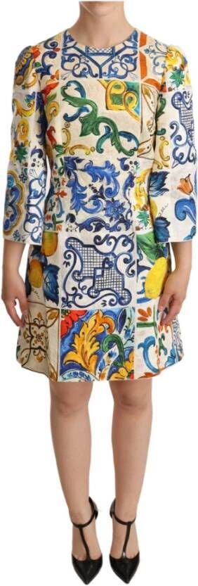 Dolce & Gabbana Multicolor Majolica Printed Cotton Flared Dress Meerkleurig Dames