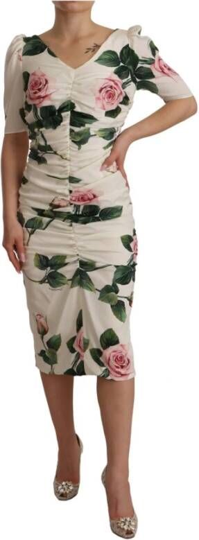 Dolce & Gabbana White Roses Print Stretch Silk Pleated Dress Wit Dames
