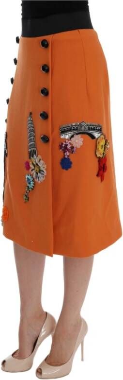 Dolce & Gabbana Oranje Wol Kristal Pailletten Applicaties Rok Orange Dames