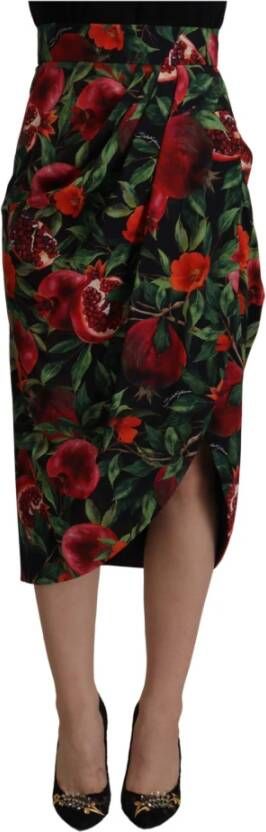 Dolce & Gabbana Black Red Fruit Stretch Wrap Skirt Zwart Dames