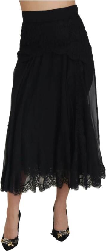 Dolce & Gabbana Zwarte zijden rok met kanten afwerking en hoge taille Black Dames