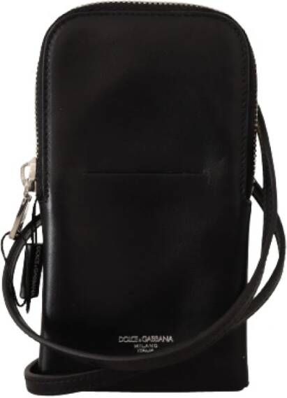 Dolce & Gabbana Zwarte Leren Cross Body Nekband Kaartsleuf Zakportemonnee Black Heren