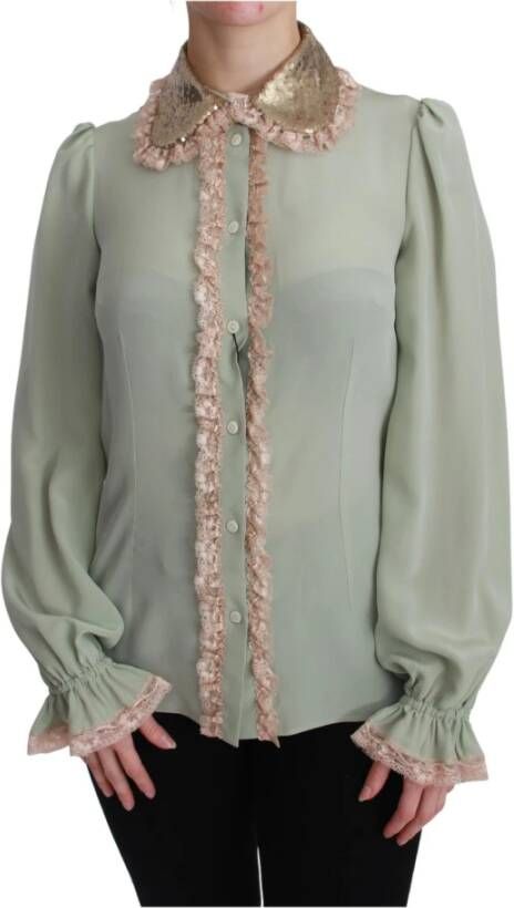 Dolce & Gabbana Mint Green Silk Sequin Lace Blouse Shirt Groen Dames