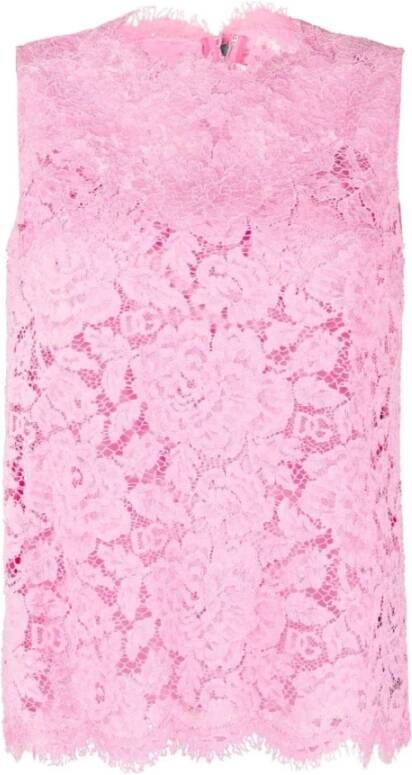 Dolce & Gabbana Mouwloze top van bloemenkant met monogramdetails Pink Dames