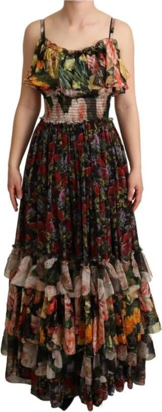 Dolce & Gabbana Multicolor Floral Print Chiffon Tiered Dress Zwart Dames