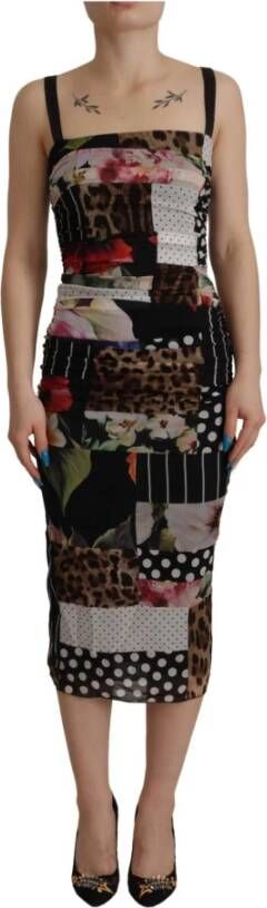 Dolce & Gabbana Multicolor Pachwork Midi Floral Silk Leopard Bodycon Dress Meerkleurig Dames