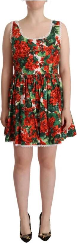 Dolce & Gabbana Multicolor Red Floral Cotton Mini Gown Dress Rood Dames