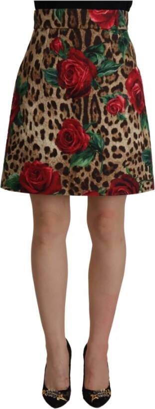 Dolce & Gabbana Multicolor Rose Leopard A-line Cotton Skirt Meerkleurig Dames